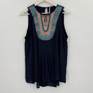 Navy Blue Bib Embroidered Sleeveless Swing Boho Chic Tank Top Women's‎ Size L